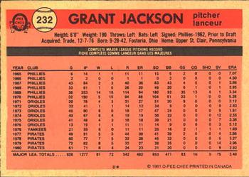 1981 O-Pee-Chee #232 Grant Jackson Back