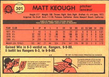 1981 O-Pee-Chee #301 Matt Keough Back