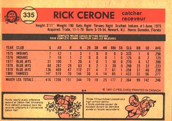 1981 O-Pee-Chee #335 Rick Cerone Back