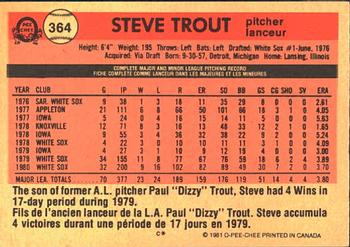 1981 O-Pee-Chee #364 Steve Trout Back
