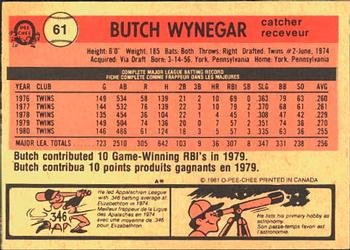 1981 O-Pee-Chee #61 Butch Wynegar Back