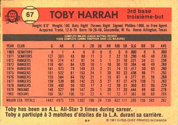 1981 O-Pee-Chee #67 Toby Harrah Back