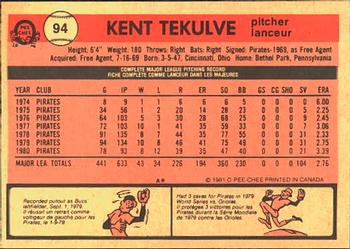 1981 O-Pee-Chee #94 Kent Tekulve Back
