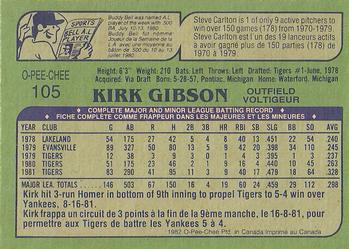 1982 O-Pee-Chee #105 Kirk Gibson Back