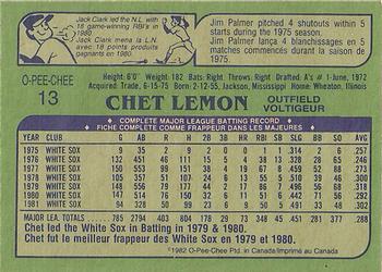 1982 O-Pee-Chee #13 Chet Lemon Back