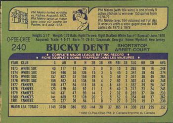 1982 O-Pee-Chee #240 Bucky Dent Back