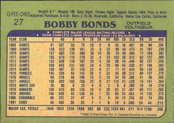 1982 O-Pee-Chee #27 Bobby Bonds Back