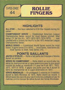1982 O-Pee-Chee #44 Rollie Fingers Back