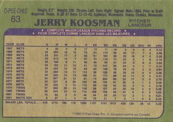 1982 O-Pee-Chee #63 Jerry Koosman Back