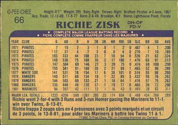 1982 O-Pee-Chee #66 Richie Zisk Back
