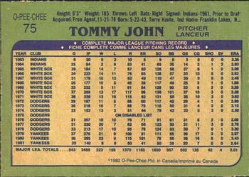 1982 O-Pee-Chee #75 Tommy John Back
