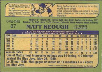 1982 O-Pee-Chee #87 Matt Keough Back