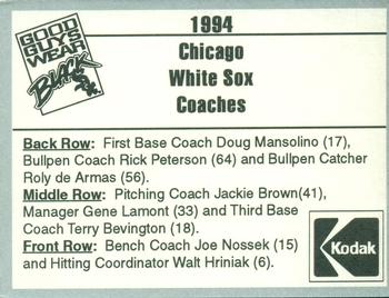 1994 Kodak Chicago White Sox #NNO Doug Mansolino / Rick Peterson / Roly de Armas / Jackie Brown / Gene Lamont / Terry Bevington / Joe Nossek / Walt Hriniak Back