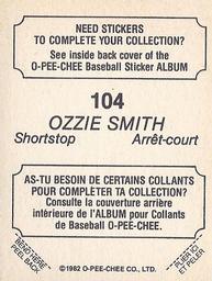 1982 O-Pee-Chee Stickers #104 Ozzie Smith Back