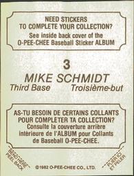 1982 O-Pee-Chee Stickers #3 Mike Schmidt Back