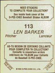 1982 O-Pee-Chee Stickers #113 Len Barker Back