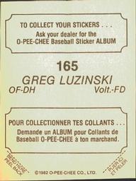 1982 O-Pee-Chee Stickers #165 Greg Luzinski Back