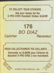 1982 O-Pee-Chee Stickers #176 Bo Diaz Back