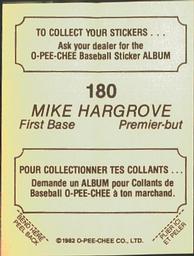 1982 O-Pee-Chee Stickers #180 Mike Hargrove Back