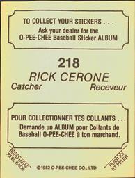 1982 O-Pee-Chee Stickers #218 Rick Cerone Back