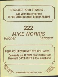 1982 O-Pee-Chee Stickers #222 Mike Norris Back