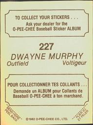 1982 O-Pee-Chee Stickers #227 Dwayne Murphy Back