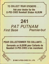 1982 O-Pee-Chee Stickers #241 Pat Putnam Back