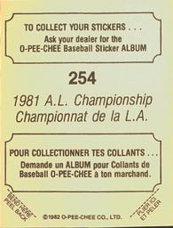 1982 O-Pee-Chee Stickers #254 1981 A.L. Championship Back