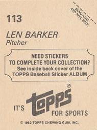 1982 Topps Stickers #113 Len Barker Back