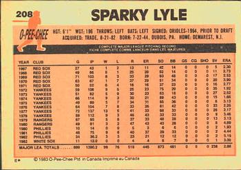 1983 O-Pee-Chee #208 Sparky Lyle Back