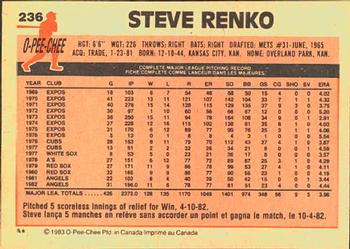 1983 O-Pee-Chee #236 Steve Renko Back