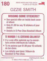 1983 O-Pee-Chee Stickers #180 Ozzie Smith Back