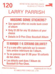 1983 O-Pee-Chee Stickers #120 Larry Parrish Back