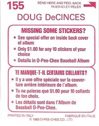 1983 O-Pee-Chee Stickers #155 Doug DeCinces Back