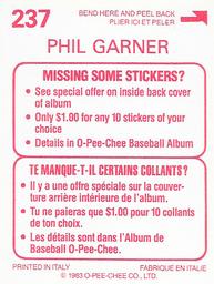 1983 O-Pee-Chee Stickers #237 Phil Garner Back