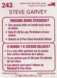 1983 O-Pee-Chee Stickers #243 Steve Garvey Back