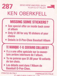 1983 O-Pee-Chee Stickers #287 Ken Oberkfell Back