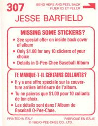 1983 O-Pee-Chee Stickers #307 Jesse Barfield Back