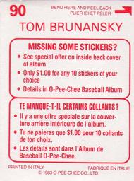 1983 O-Pee-Chee Stickers #90 Tom Brunansky Back