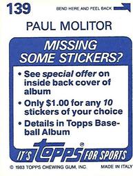 1983 Topps Stickers #139 Paul Molitor Back