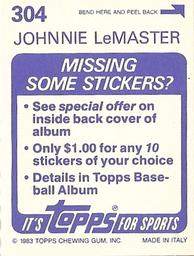 1983 Topps Stickers #304 Johnnie LeMaster Back