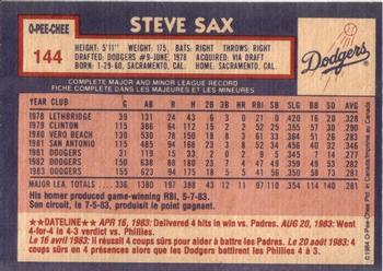 1984 O-Pee-Chee #144 Steve Sax Back