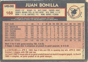 1984 O-Pee-Chee #168 Juan Bonilla Back