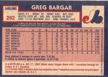 1984 O-Pee-Chee #292 Greg Bargar Back