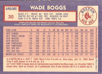 1984 O-Pee-Chee #30 Wade Boggs Back