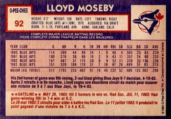 1984 O-Pee-Chee #92 Lloyd Moseby Back