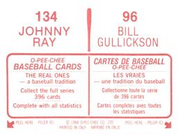 1984 O-Pee-Chee Stickers #96 / 134 Bill Gullickson / Johnny Ray Back