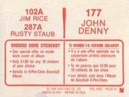 1984 O-Pee-Chee Stickers #102A /177/287A Jim Rice / Rusty Staub / John Denny Back