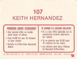 1984 O-Pee-Chee Stickers #107 Keith Hernandez Back