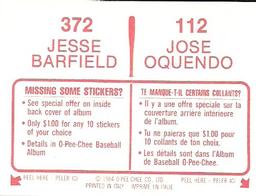 1984 O-Pee-Chee Stickers #112 / 372 Jose Oquendo / Jesse Barfield Back